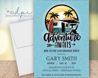 Retirement Party Invitations with Camper & Beach, Tropic Camper Retirement Party Invite Cards, Customize the wording, Digital or Printed