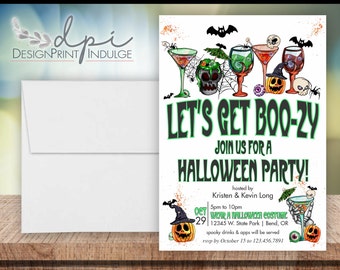 Halloween Party 'Let's Get Boo-zy' Invitation, Adult Halloween Party Invite, Customize the wording and font color, Printed Invites
