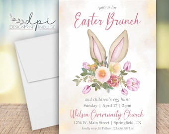 May include: Easter Brunch invitation featuring bunny ears and floral decorations in watercolour. The invitation includes event details: Sunday, April 17, 2 pm, at Wilson Community Church. The design uses soft pinks, greens, and beige tones.