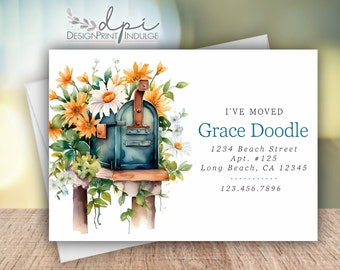 I've Moved mailbox & daisy flowers change of address cards, Watercolor New Address Moving Cards, Announcements, Printed w/ Envelopes