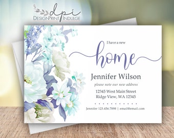 Floral Change of Address Cards, Spring Blue Flowers, New Home Announcement