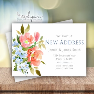 New address moving announcement cards, Floral personalized change of address cards, Customize It with font colors, Digital or Printed