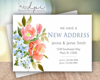 New address moving announcement cards, Floral personalized change of address cards, Customize It with font colors, Digital or Printed
