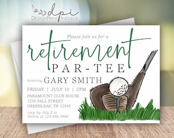 May include: A white invitation with green text announcing a retirement party for Gary Smith. The invitation includes the date, time, and location of the party. The invitation is decorated with a cartoon illustration of a golf club and golf ball.