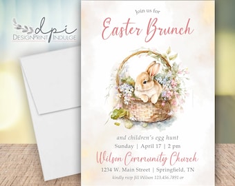 May include: An invitation to an Easter brunch at Wilson Community Church. The invitation features a watercolour illustration of a bunny rabbit sitting in a basket of flowers. The text reads "Join us for Easter Brunch and children's egg hunt Sunday April 17 | 2 pm Wilson Community Church 1234 W. Main Street | Springfield, TN kindly rsvp Jill Wilson 123.456.7891 or"