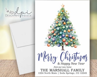Merry Christmas & Happy New Year from our new home announcement cards, Christmas tree moving announcements, Digital or Printed w/ Envelopes
