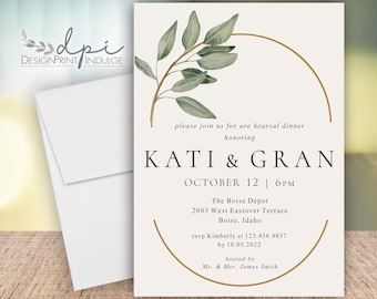Wedding rehearsal dinner invitation, boho rehearsal invite cards, eucalyptus dinner invites, elegant wedding rehearsal brunch invite