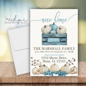 Change of Address Cards, New Home Same Love Blue Autumn Watercolor Pumpkin, Printed Personalized Fall New Address Card, Digital or Printed