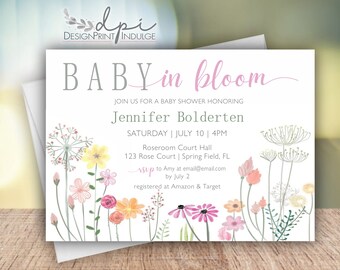 Wildflower Baby in Bloom Shower Invitation, Colorful Baby Shower with Wild Flowers, Digital, Print w/ Envelopes FREE Shipping
