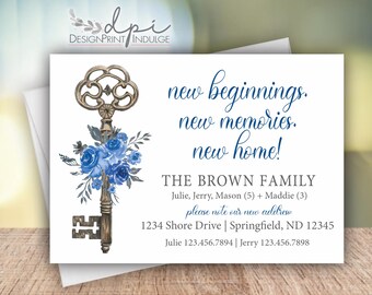Change of address announcements with key & blue flower, new nddress, personalized change of address card, Digital or Printed w/ envelopes