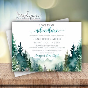 Mountain Bridal Shower Invitation, Adventure Rustic Wedding Shower, Watercolor Mountains Trees Wedding Shower, Printed w/ envelopes