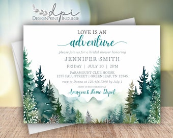 May include: A watercolor illustration of a forest with a white invitation card overlayed on top. The invitation card has text that reads "Love is an adventure" and is for a bridal shower honoring Jennifer Smith. The event is on Friday, July 10th at 2 PM at the Paramount Club House, 1235 Fall Street, Greenleaf, TN 12345. RSVP to Donna at 123.456.7898 by July 1. Jenn is registered at Amazon & Home Depot.