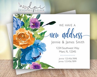 New Address Personalized Moving Announcement Cards Colorful Spring Floral, Change of Address Card, Digital or Printed w/ Envelopes