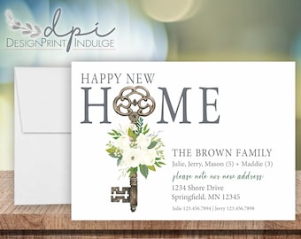 Peony with key new address announcement card, Floral key address card, Personalized change of address card, Customize It, Digital or Printed