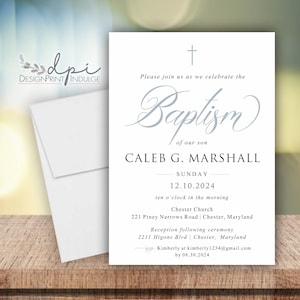May include: A white baptism invitation with a blue cross at the top and the word "Baptism" in blue cursive script. The invitation is for Caleb G. Marshall on Sunday, December 10, 2024, at 10:00 am at Chester Church. The reception will be held at 2211 Higons Blvd in Chester, Maryland.