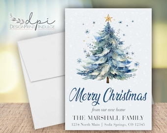 Christmas Moving Announcement Card, Watercolor Tree, New Home (Digital or Printed)