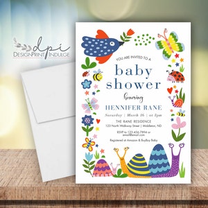 Baby Shower Fun Colorful Bug Invitations, Bug Baby Shower Invites, Snails Birds Bugs Baby Shower Invitation Card, Digital or Printed