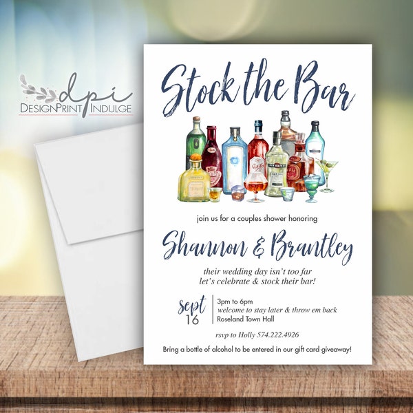 Couples Shower Stock the Bar Invitation, Co-Ed Stock Their Bar Shower Invitations, Customize the wording and font color, Digital or Printed