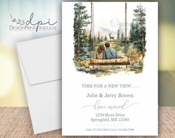 We've moved cards with mountains announcements, change of address cards, watercolor forest we moved cards, pine trees new address cards