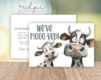 We've Moooved personalized change of address postcards, Cow we have moved postcard, Funny cow moving cards, Printed & Free Shipping