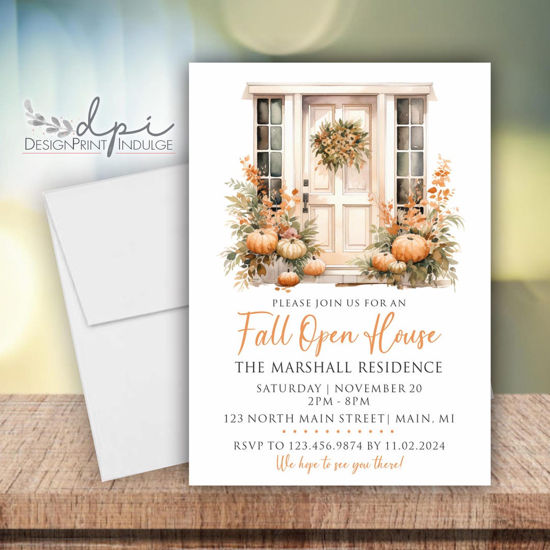 Fall Open House Invitation, Floral Pumpkin Front Door Invite Cards ...