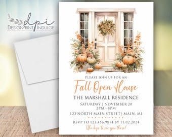 Fall Open House Invitation, Floral Pumpkin Front Door Invite Cards (Printed with Envelopes)