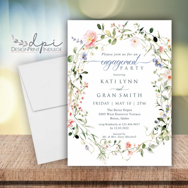 Engagement Party Floral Invitation, Modern Engagement Party Invite, Engagement Invitation, Spring Flowers Invites, Printed w/ Envelopes