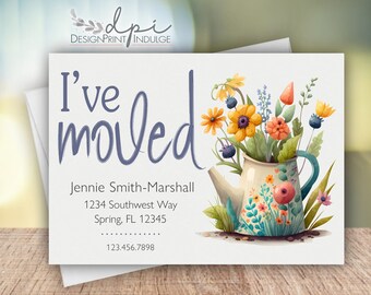 Floral Watering Can Change of Address Cards: Personalized Moving Announcement