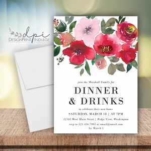 Dinner & Drinks Housewarming Party Invitations, Red Floral Housewarming Celebration Invite, Digital, Printed w/ envelopes