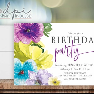 Birthday Party Invitation With Bright Colorful Flower, Birthday Party ...