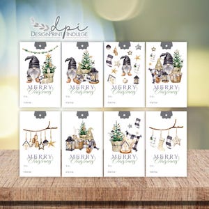 May include: Set of eight printable Christmas gift tags featuring a watercolor gnome theme. The tags are white with a gray border and feature various gnome illustrations with a "Merry Christmas" greeting.