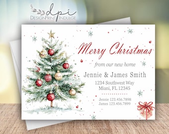 May include: Christmas card with a watercolor illustration of a decorated Christmas tree, red ornaments, and the text "Merry Christmas." Includes the names Jennie & James Smith and their address.