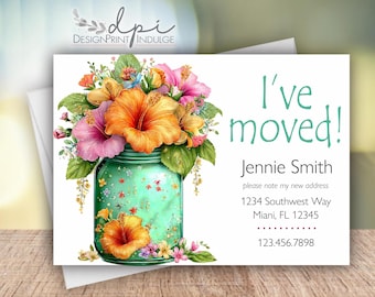 Change of Address Cards with Tropical Flowers in Jar: Personalized Moving Announcement (Digital or Printed)