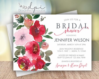 Floral Bridal Shower Invitation, Red & Pink Watercolor (Digital or Printed)