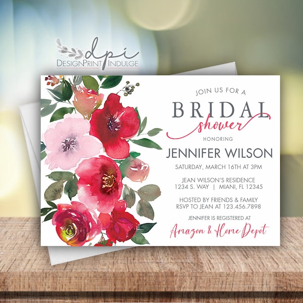 Bridal shower invitations, Red & pink floral bridal shower invites, Colorful watercolors bridal shower invite, Digital or Printed