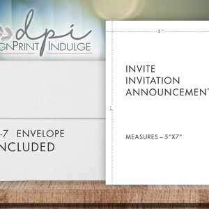 Puede incluir: Tarjeta de invitaci&oacute;n, anuncio o invitaci&oacute;n en cartulina blanca que mide 12,7 cm por 17,8 cm. El texto "INVITE, INVITATION, ANNOUNCEMENT" est&aacute; impreso en negro en la tarjeta. Se incluye un sobre A-7.