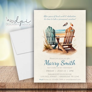 Retirement Beach Party Invitation, Beach Retirement Party Invites, Customize the invite color & wording, Digital or Printed w/ Envelopes