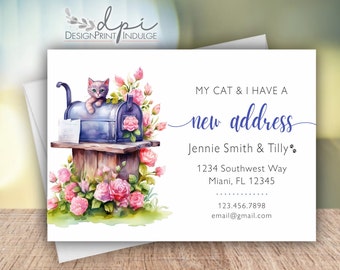 Cat New Address Announcement Cards: Floral Mailbox, We Moved (Digital or Printed)
