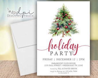 Holiday Party Invitation: Watercolor Christmas Tree (Digital or Printed)