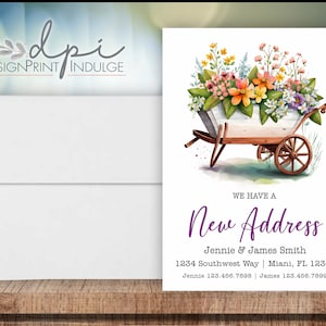 New Address Announcements, New Address Card, Moving Announcement, We Moved Card, Wheelbarrow Spring Flowers, Digital or Printed w/ envelopes