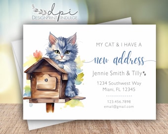 Cat New Address Announcement Cards: Watercolor Design (Printed or Digital)
