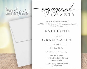Könnte beinhalten: Eine weiße Einladung zur Verlobungsfeier mit schwarzem Text. Die Einladung lautet "Engagement Party" mit den Namen Kati Lynn und Gran Smith, dem Datum 12.10.2024 und dem Ort The Boise Depot, 2603 West Eastover Terrace, Boise, Idaho.