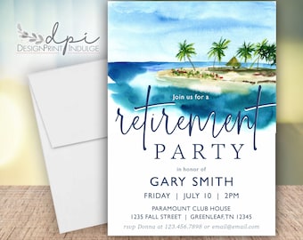 Watercolor Beach Retirement Party Invitation, Palm Tree Invites (Digital or Printed)