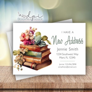 I've Moved Floral & Books Personalized Change of Address Announcement Card, Moving Cards, Customize the wording, Digital or Printed