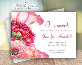 Pink flower I've moved announcement cards, Personalized I've changed my address cards, Customize wording and font colors, Digital or Printed