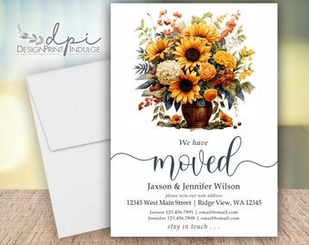 Moving announcement with sunflowers, We or I Have Moved New Address, Sunflower Moving Cards, Digital or Printed w/ Envelopes