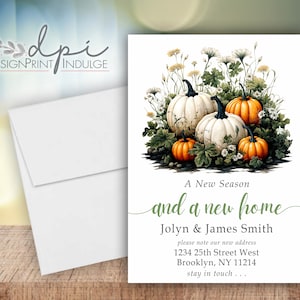 New season new home moving announcement, Fall we or I have moved card, Watercolor pumpkin floral new change of address, Customize the words