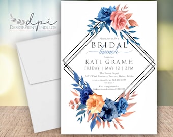 Bridal Shower Invitation, Bridal Brunch Invite, Modern Bridal Shower, Blue Orange Floral Bridal Shower Invite, Digital, Printed w/ Envelopes