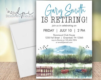 Retirement Party Invitation, Forest with Boat Retirement Party Invite Cards, Customize the invite color and wording, Digital or Printed