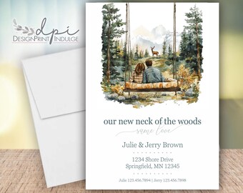 Forest our new neck of the woods announcement cards, woods address change, new address card printed w/ envelopes or Digital